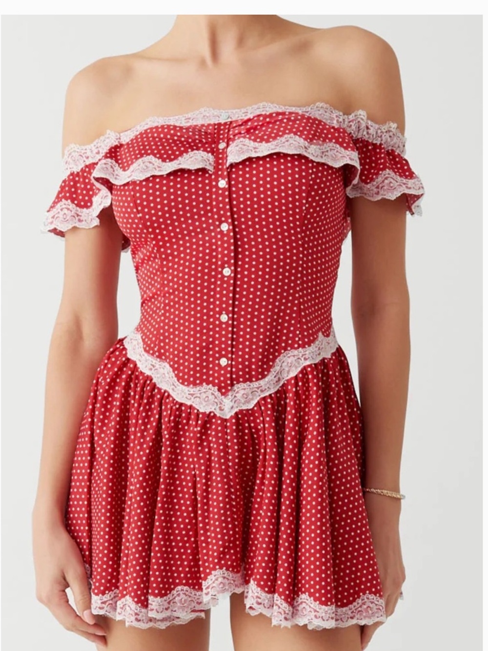New Frankie's Bikinis Red with White Polka Dot Off-Shoulder Mini Dress